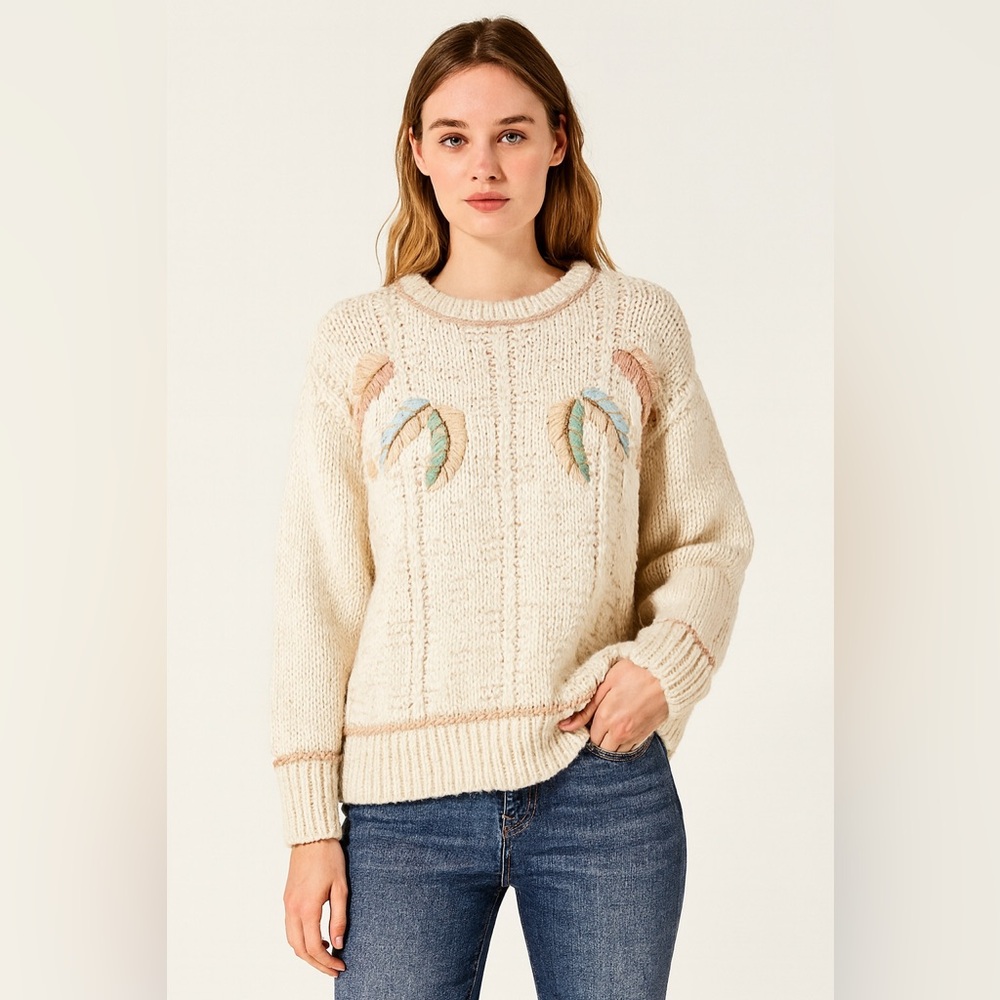 Erika Vintage 80s Handmade Cream Sweater with Feather Embroidery Sz. L